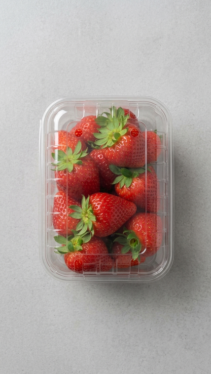 Caixa Plástico para Fruta com morangos vista de cima — RAS Embalagens