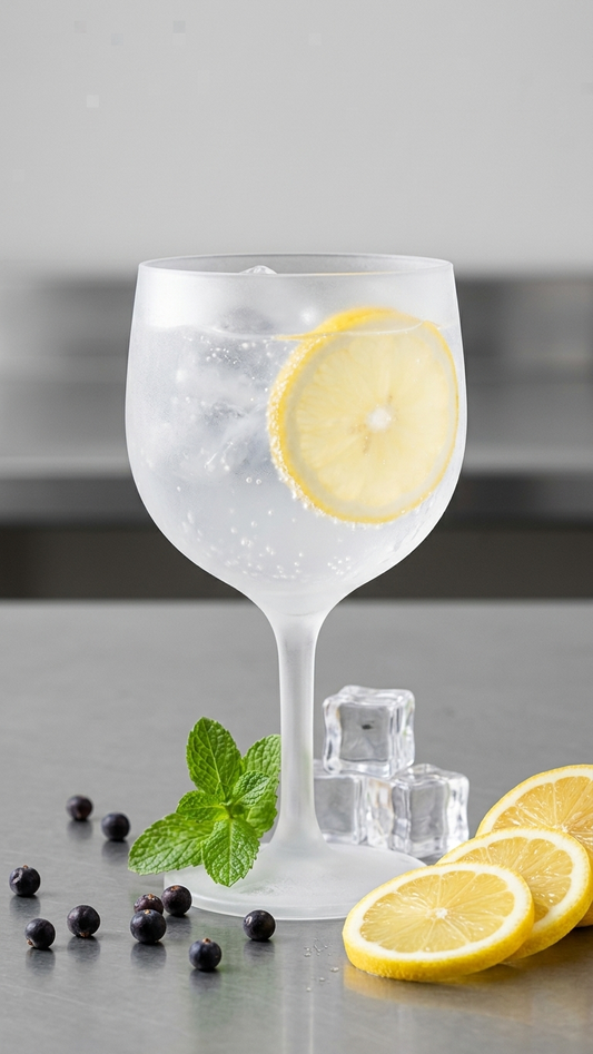 Copo Gin PP 600ml cheio em cima de bancada de bar — RAS Embalagens