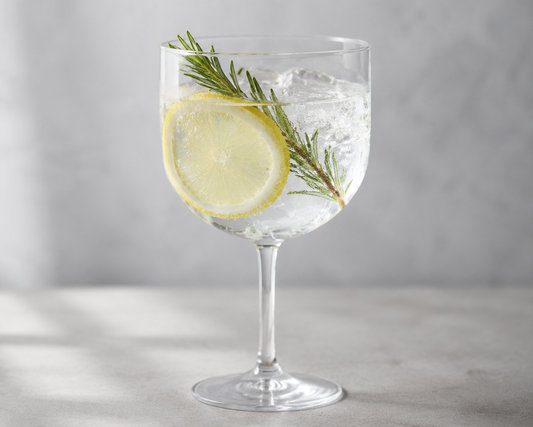 Copo de gin em PS 580ml com gin tónico, gelo, limão e alecrim — RAS Embalagens
