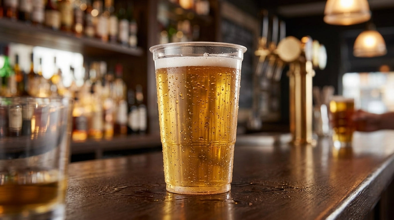 Copo Imperial Descartável 250ml com cerveja no balcão de bar — RAS Embalagens