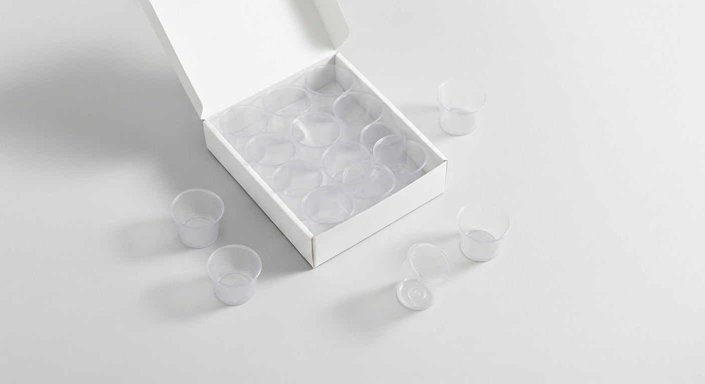 Caixa de copos mini degustação 70 ml aberta com unidades em flat lay — RAS Embalagens