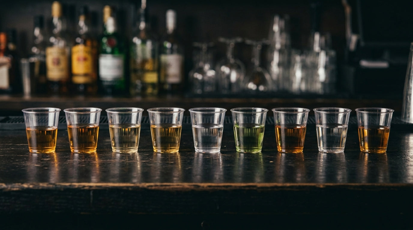 Fila de Copos Shot Descartáveis 25ml com espirituosas em serviço de bar — RAS Embalagens