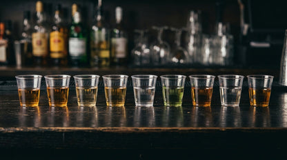 Fila de Copos Shot Descartáveis 25ml com espirituosas em serviço de bar — RAS Embalagens