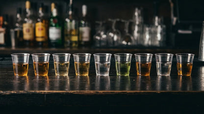 Fila de Copos Shot Descartáveis 25ml com espirituosas em serviço de bar — RAS Embalagens