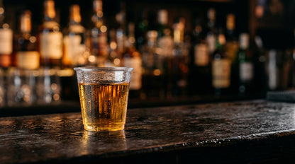 Copo Shot Descartável 25ml com whisky em balcão de bar — RAS Embalagens