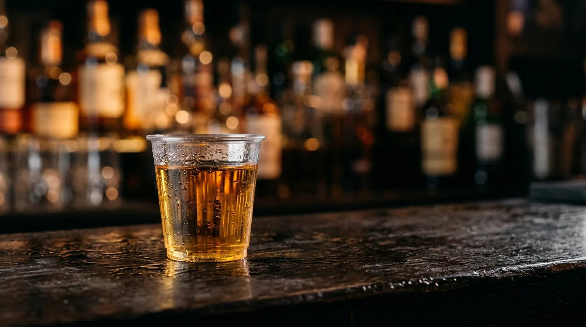 Copo Shot Descartável 25ml com whisky em balcão de bar — RAS Embalagens