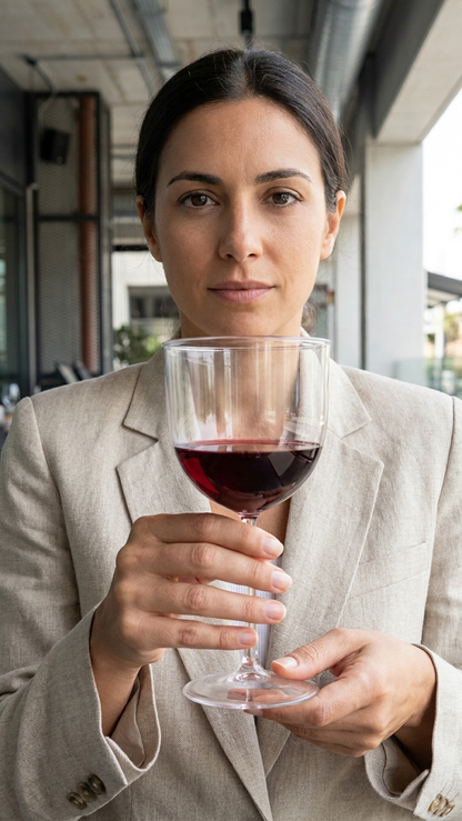 Copo de Vinho Descartável 270ml segurado numa mão em ambiente interior — RAS Embalagens