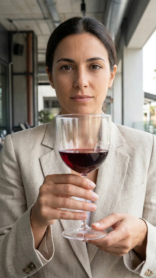Copo de Vinho Descartável 270ml segurado numa mão em ambiente interior — RAS Embalagens