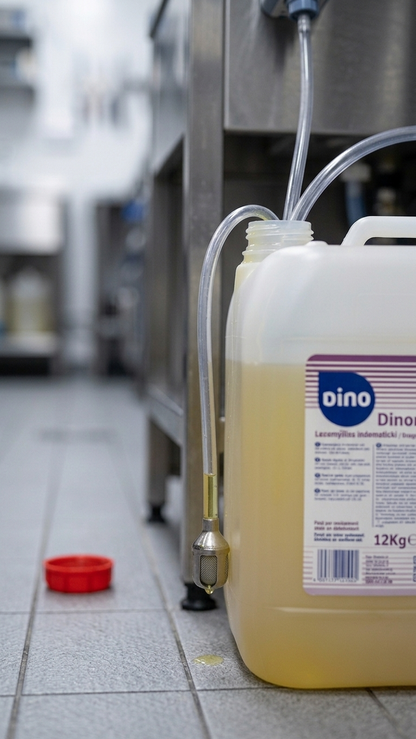Detergente Dinomatic D-40 Bilha 12kg junto à máquina de lavar louça — RAS Embalagens