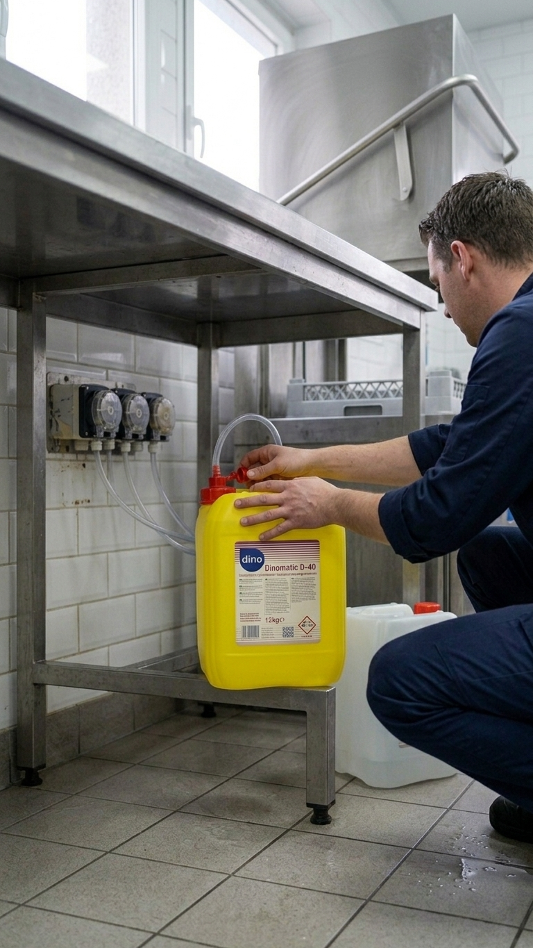 Detergente Dinomatic D-40 Bilha 12kg a ser trocada no sistema de doseamento — RAS Embalagens