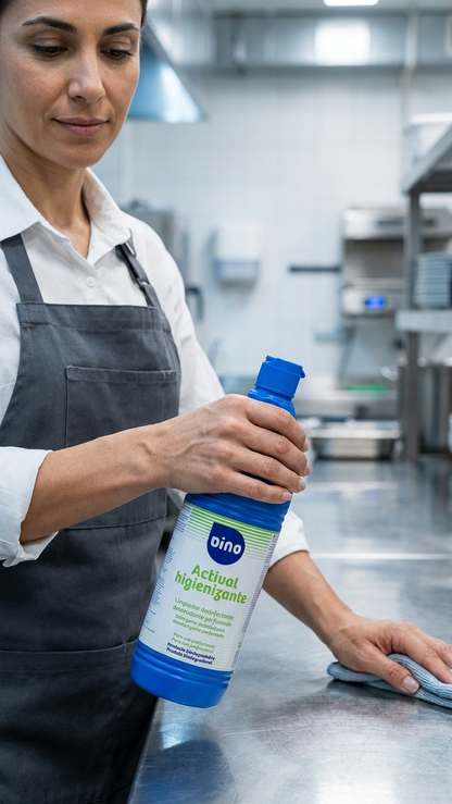 Detergente Higienizante Actival 1L segurado por colaboradora em cozinha — RAS Embalagens