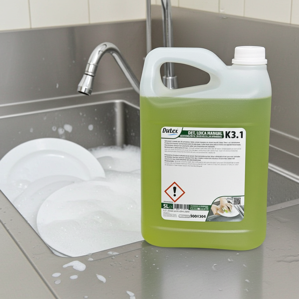 Detergente líquido loiça manual K3.1 5L junto a lavatório industrial com loiça — RAS Embalagens
