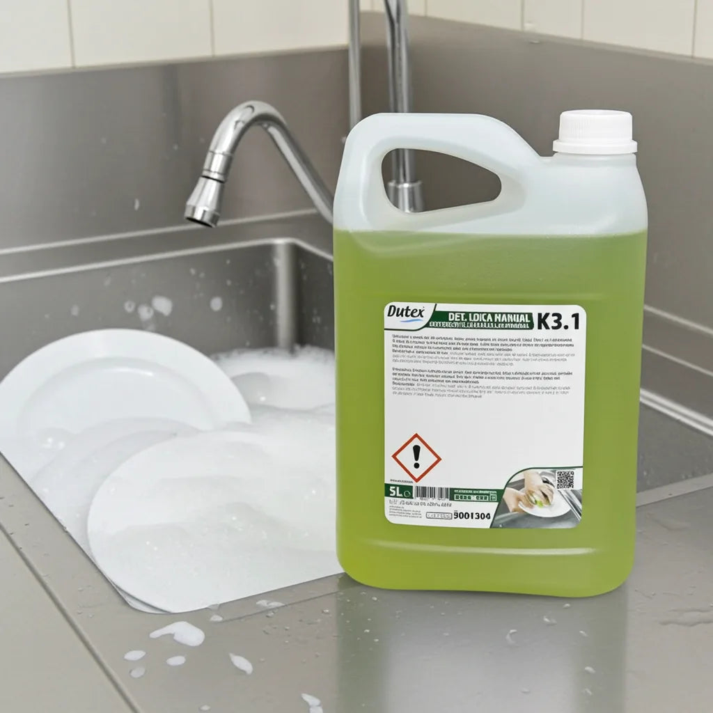 Detergente líquido loiça manual K3.1 5L junto a lavatório industrial com loiça — RAS Embalagens
