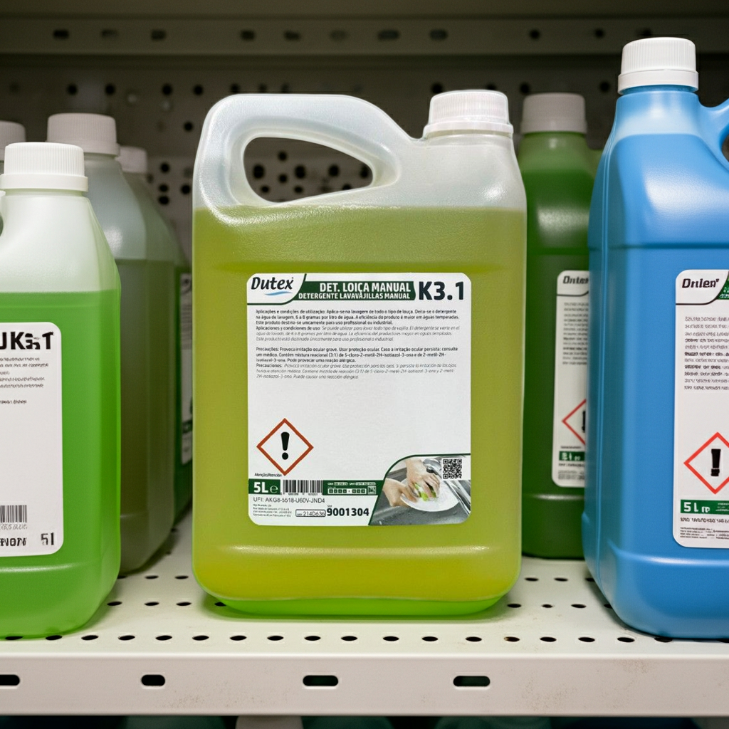 Detergente líquido loiça manual K3.1 5L numa prateleira de produtos de limpeza profissional — RAS Embalagens
