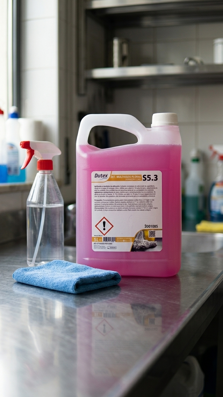 Detergente Multiusos Floral 5L em bancada junto a acessórios de limpeza — RAS Embalagens