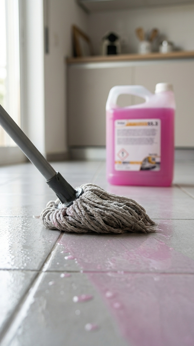 Detergente Multiusos Floral 5L — detalhe da limpeza com esfregona — RAS Embalagens