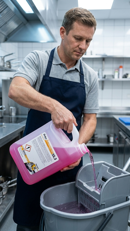 Detergente Multiusos Floral 5L em uso na limpeza do chão — RAS Embalagens