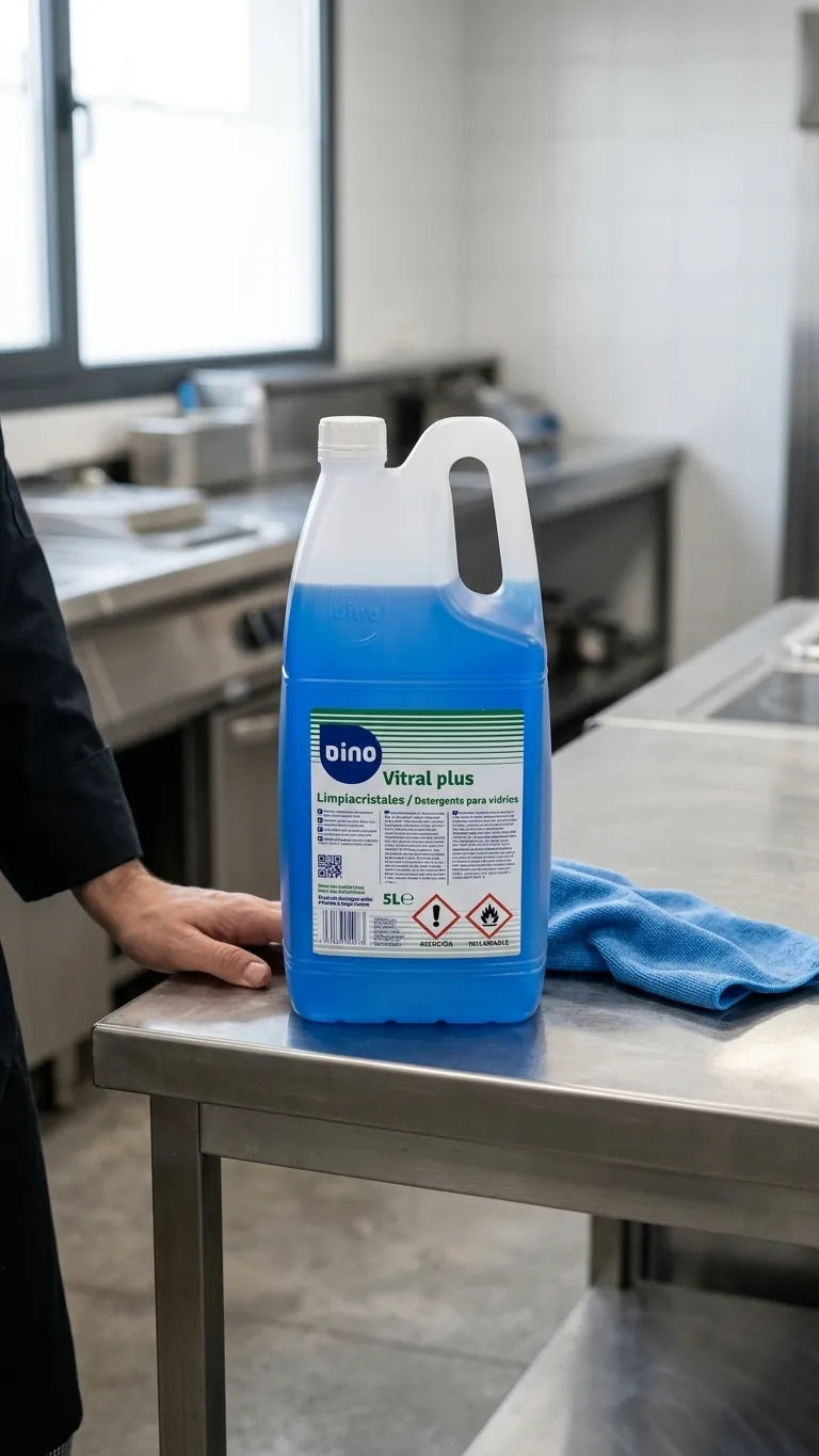 Detergente para Vidros 5L Dino em bancada junto a pano de limpeza — RAS Embalagens
