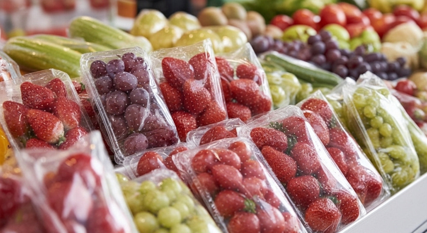 Fruta e legumes embalados com filme microperfurado em banca de mercado — RAS Embalagens