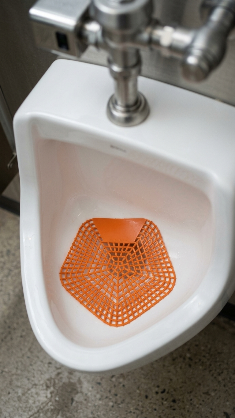 Filtro Ambientador Anti-Salpicos WC instalado em urinol — RAS Embalagens