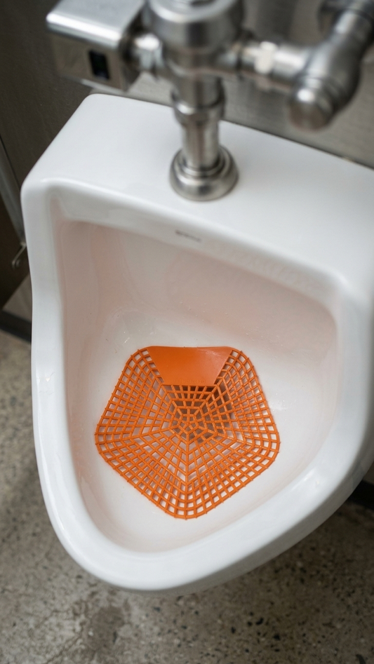 Filtro Ambientador Anti-Salpicos WC instalado em urinol — RAS Embalagens