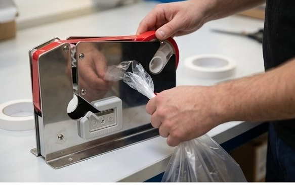 Aplicação de fita adesiva PVC 12mm com máquina de fecho em operação de embalamento — RAS Embalagens