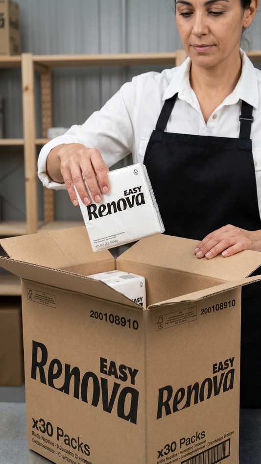 Guardanapo 33x33 Renova Easy — caixa a ser aberta com pacote de guardanapos — RAS Embalagens