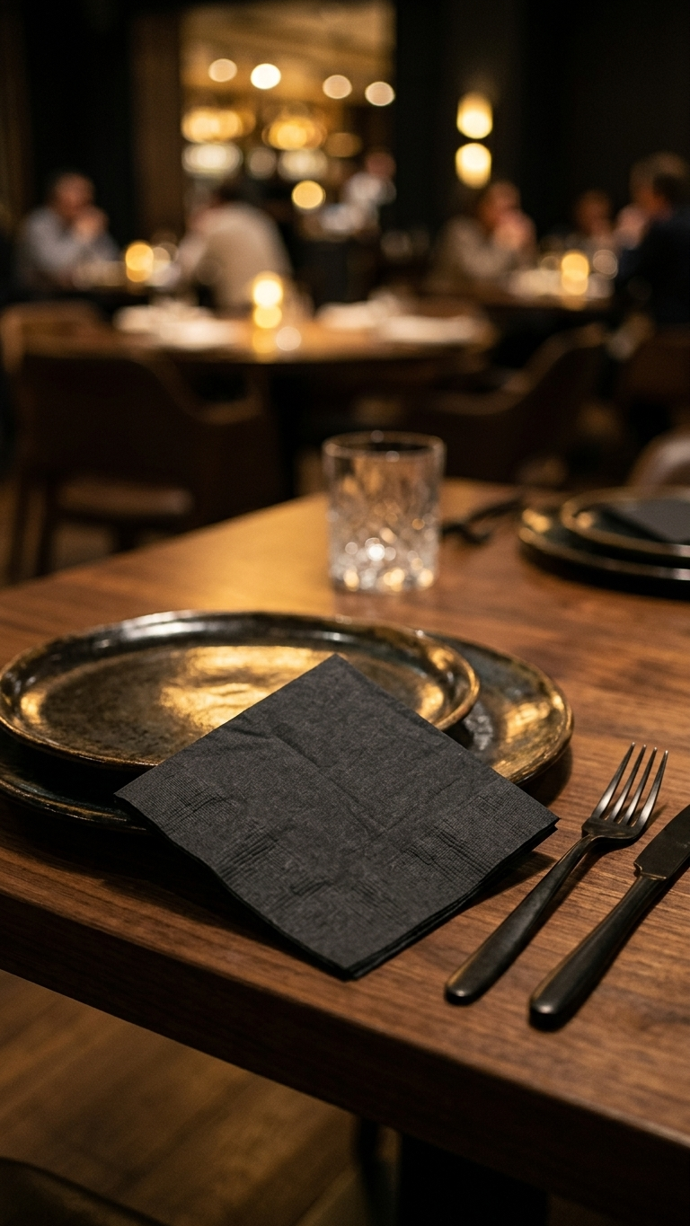 Guardanapo 40x40 Preto Visiclass numa mesa de restaurante posta — RAS Embalagens