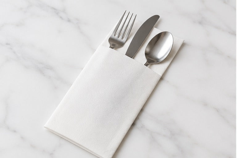 Guardanapo Kanguru 40x40 com bolso para talheres em mármore branco — RAS Embalagens