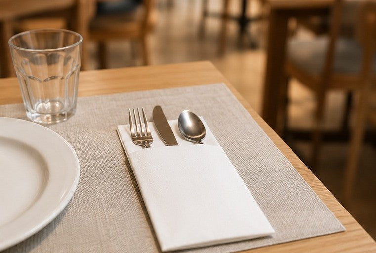 Guardanapo Kanguru 40x40 com talheres em mesa de restaurante — RAS Embalagens