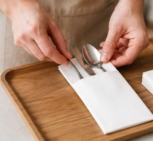 Preparação de serviço de mesa com guardanapo Kanguru 40x40 — RAS Embalagens