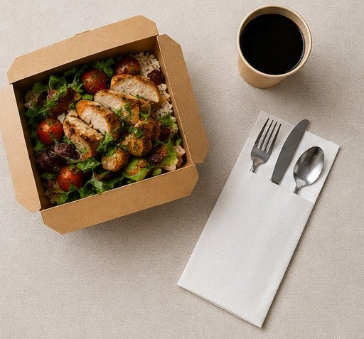Guardanapo Kanguru 40x40 com talheres em contexto take away — RAS Embalagens