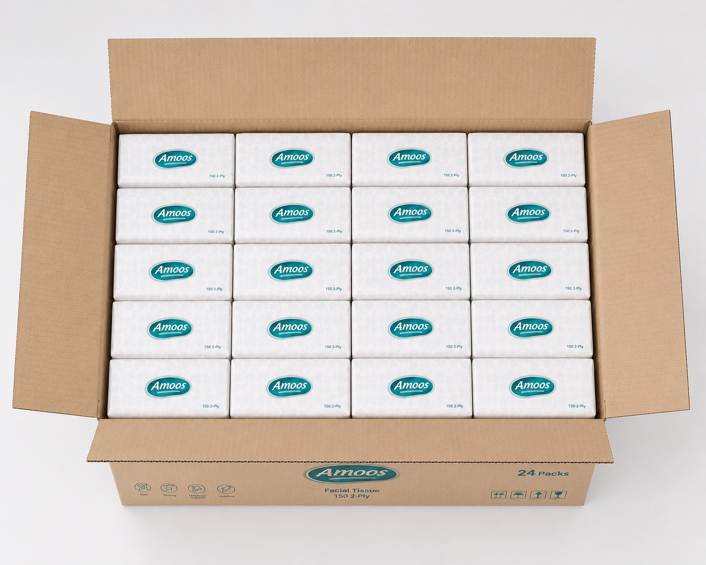 Lenços Faciais Amoos — caixa aberta com 24 packs — RAS Embalagens