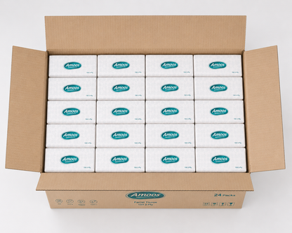 Lenços Faciais Amoos — caixa aberta com 24 packs — RAS Embalagens