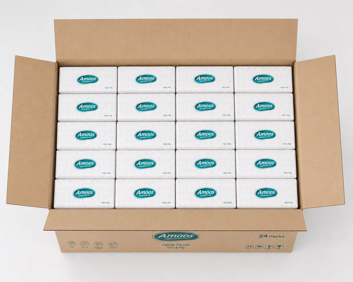 Lenços Faciais Amoos — caixa aberta com 24 packs — RAS Embalagens