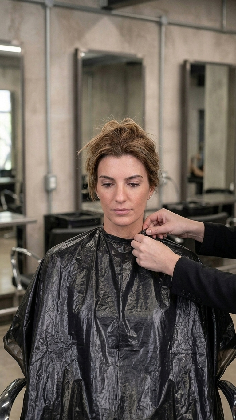 Penteador Descartável Plástico Preto vestido por cliente de cabeleireiro — RAS Embalagens
