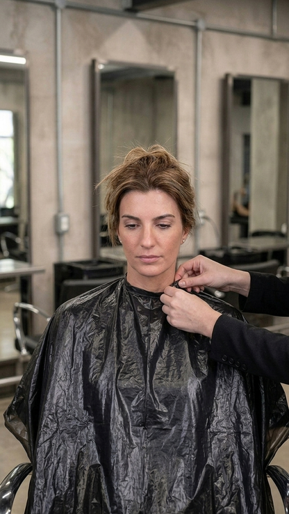 Penteador Descartável Plástico Preto vestido por cliente de cabeleireiro — RAS Embalagens
