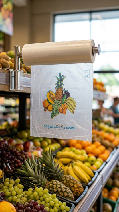 Rolo PEBD Impresso Fruta 1Kg em uso na secção de fruta — RAS Embalagens