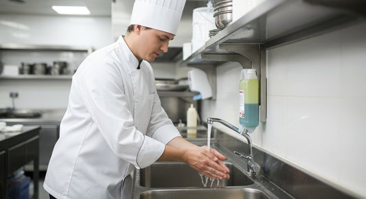 Cozinheiro a higienizar as mãos em cozinha profissional — RAS Embalagens