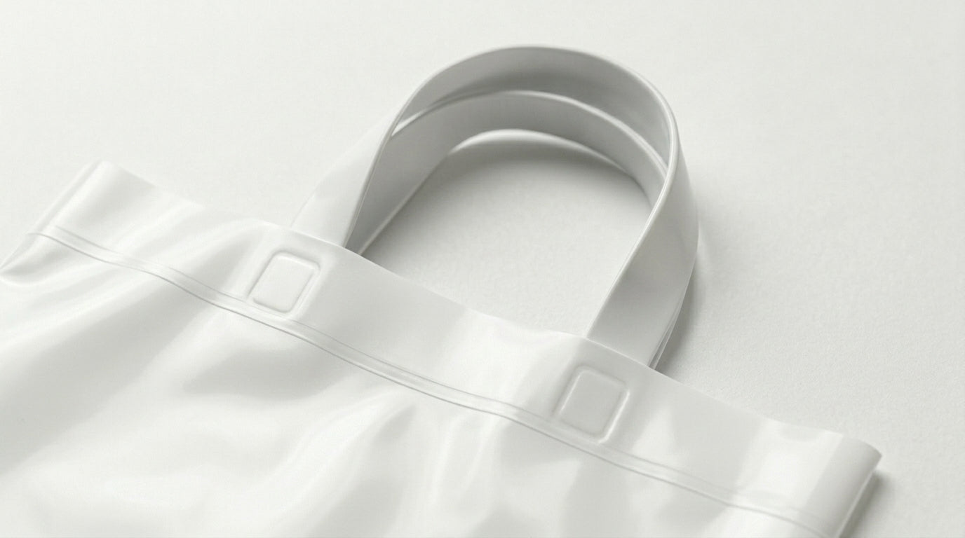 Detalhe da asa flexível do saco plástico branco — resistência e conforto — RAS Embalagens