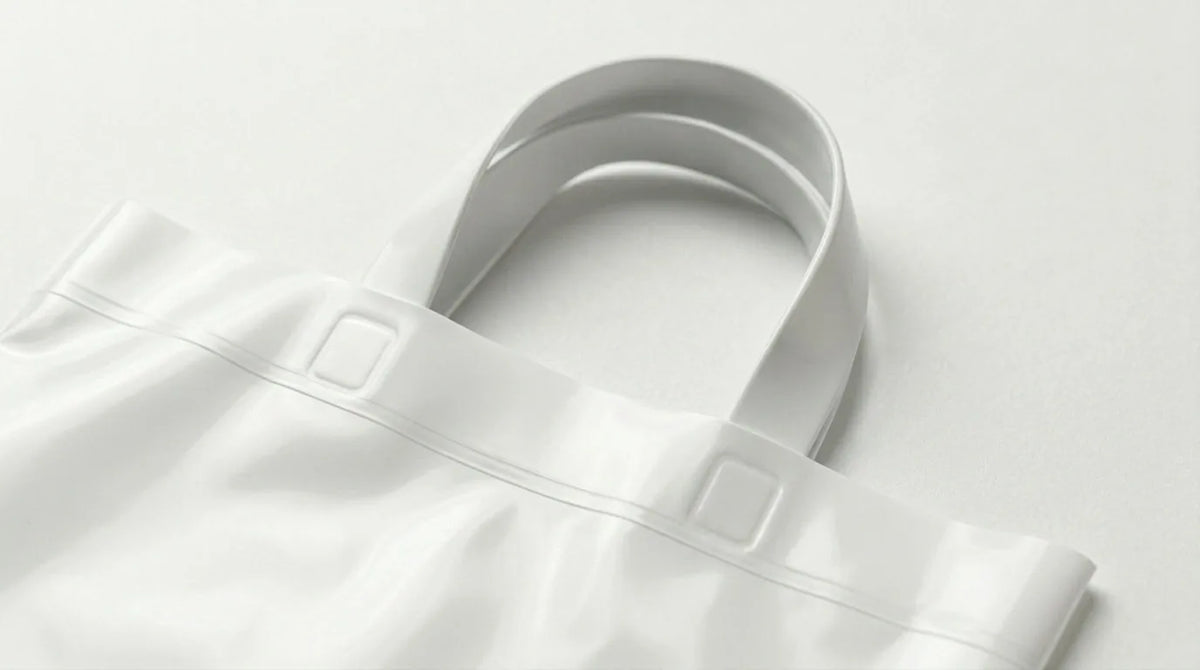 Detalhe da asa flexível do saco plástico branco — resistência e conforto — RAS Embalagens