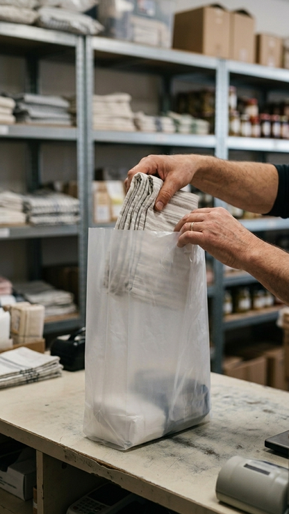 Saco PEAD Branco Sem Asa em uso por colaborador — RAS Embalagens