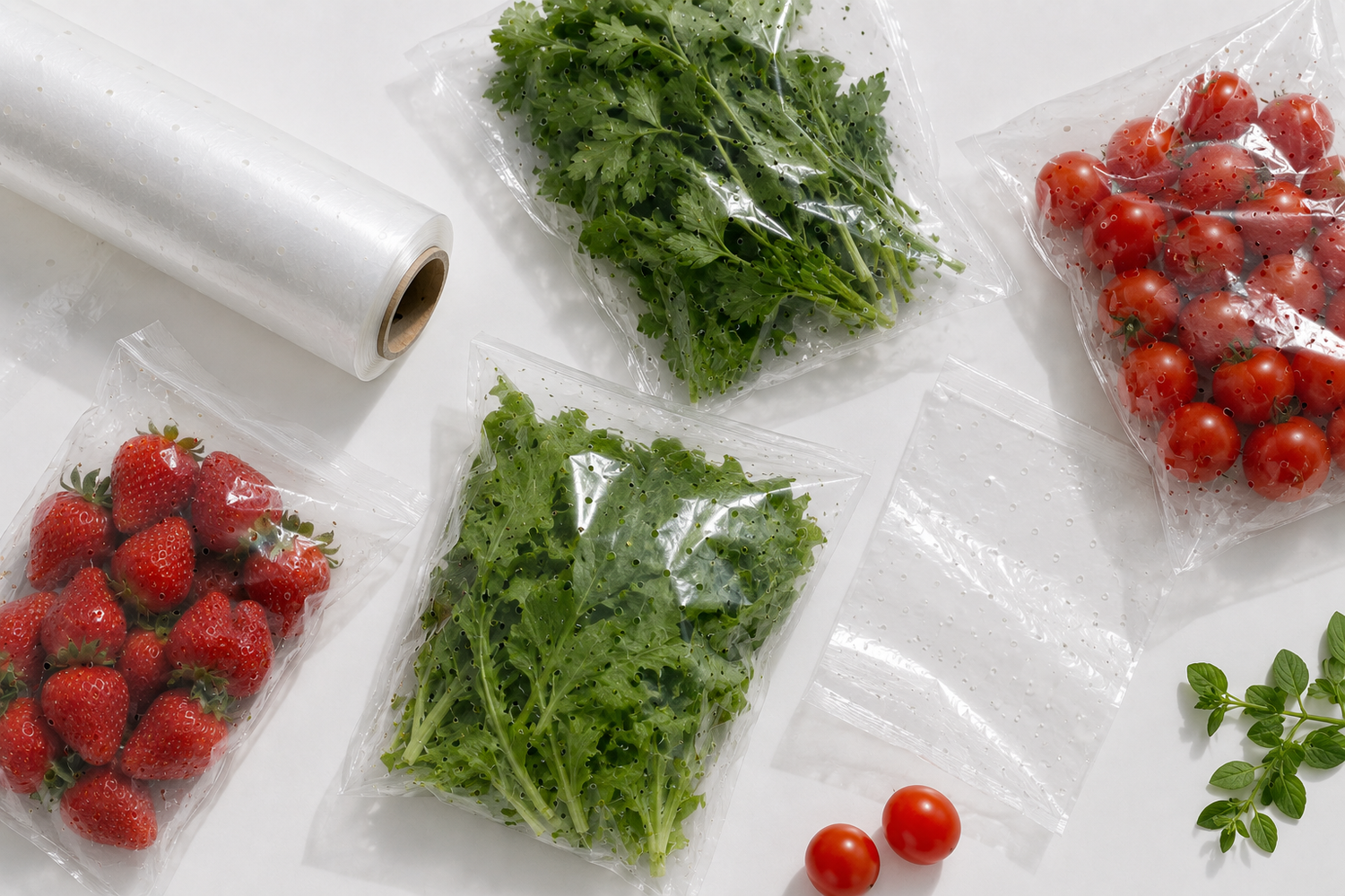 Sacos microperfurados PP e rolo de filme microperfurado para conservação de frutas e vegetais frescos — RAS Embalagens