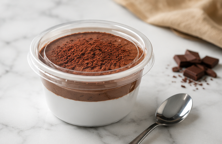 Taça plástica branca 200ml com mousse de chocolate e tampa transparente sobre mármore — RAS Embalagens