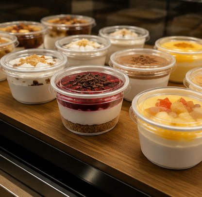 Taças plásticas brancas 200ml com tampa, com sobremesas variadas expostas em balcão de pastelaria — RAS Embalagens
