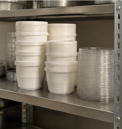 Taças plásticas brancas 200ml empilhadas em prateleira de armazenamento em cozinha profissional — RAS Embalagens