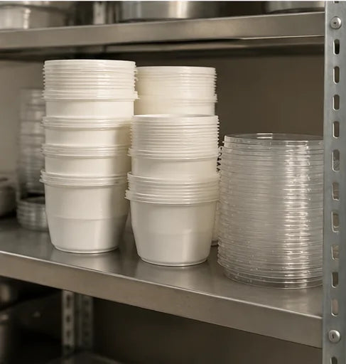 Taças plásticas brancas 200ml empilhadas em prateleira de armazenamento em cozinha profissional — RAS Embalagens
