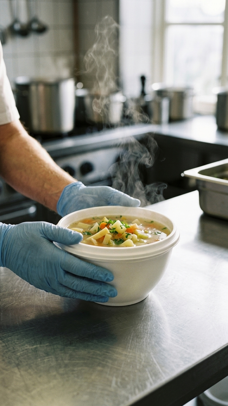 Tigela Sopa 330ml PS Branca em uso numa cozinha — RAS Embalagens