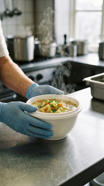 Tigela Sopa 330ml PS Branca em uso numa cozinha — RAS Embalagens