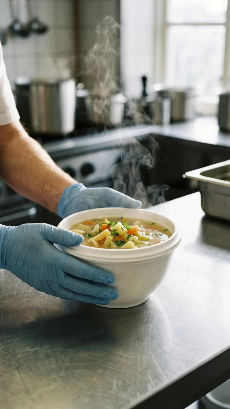Tigela Sopa 330ml PS Branca em uso numa cozinha — RAS Embalagens